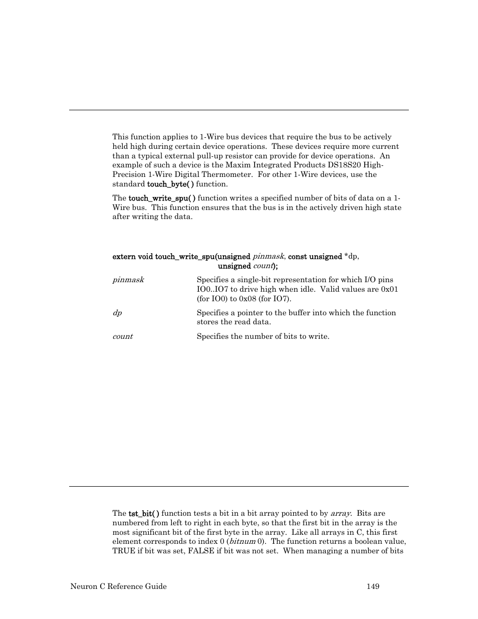 Touch_write_spu( ) built-in function, Syntax, Example | Tst_bit( ) function | Echelon Neuron C User Manual | Page 169 / 267