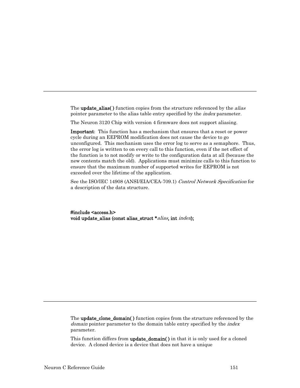 Update_alias( ) function, Syntax, Example | Update_clone_domain( ) function | Echelon Neuron C User Manual | Page 171 / 267