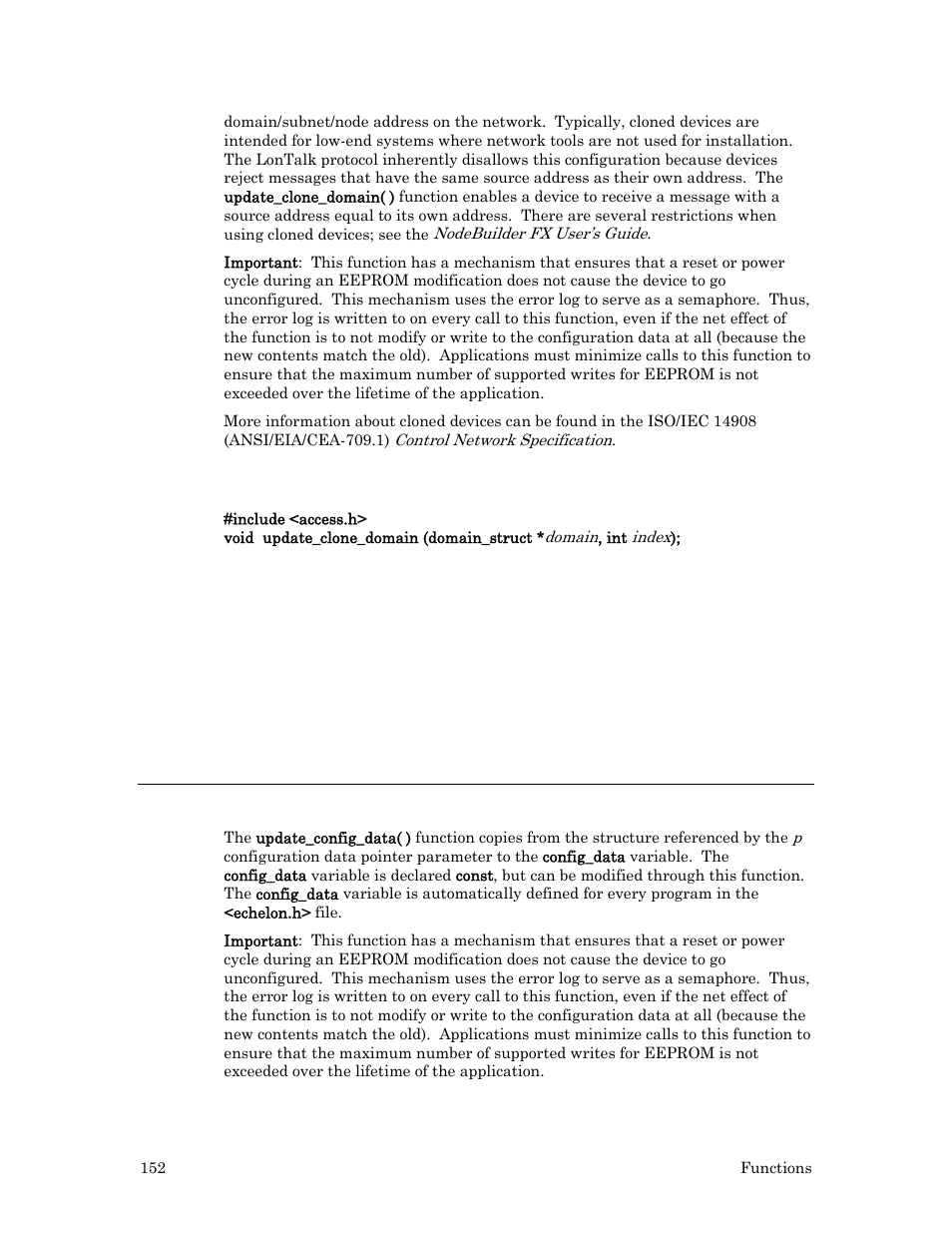 Syntax, Example, Update_config_data( ) function | Echelon Neuron C User Manual | Page 172 / 267