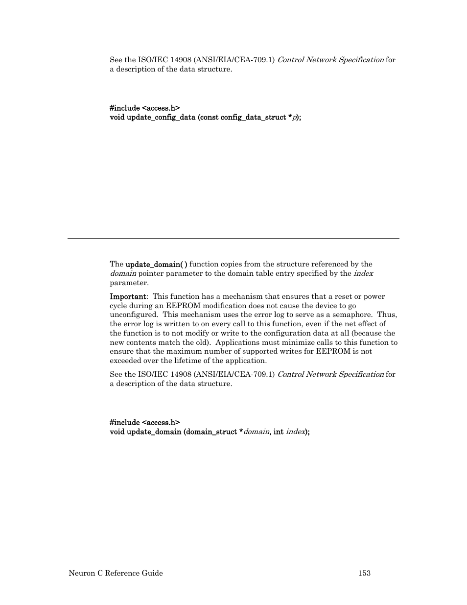 Syntax, Example, Update_domain( ) function | Echelon Neuron C User Manual | Page 173 / 267