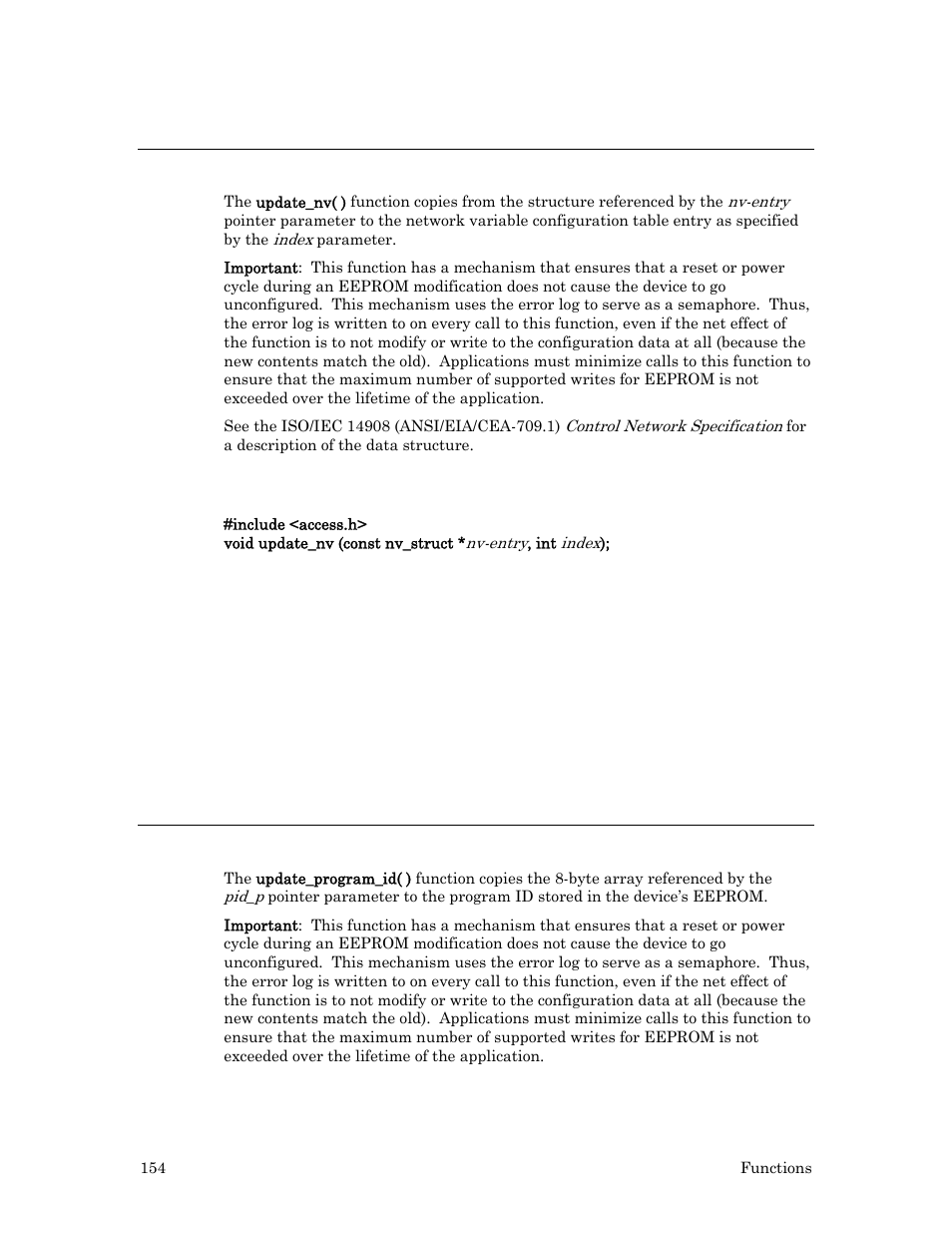 Update_nv( ) function, Syntax, Example | Update_program_id( ) function | Echelon Neuron C User Manual | Page 174 / 267