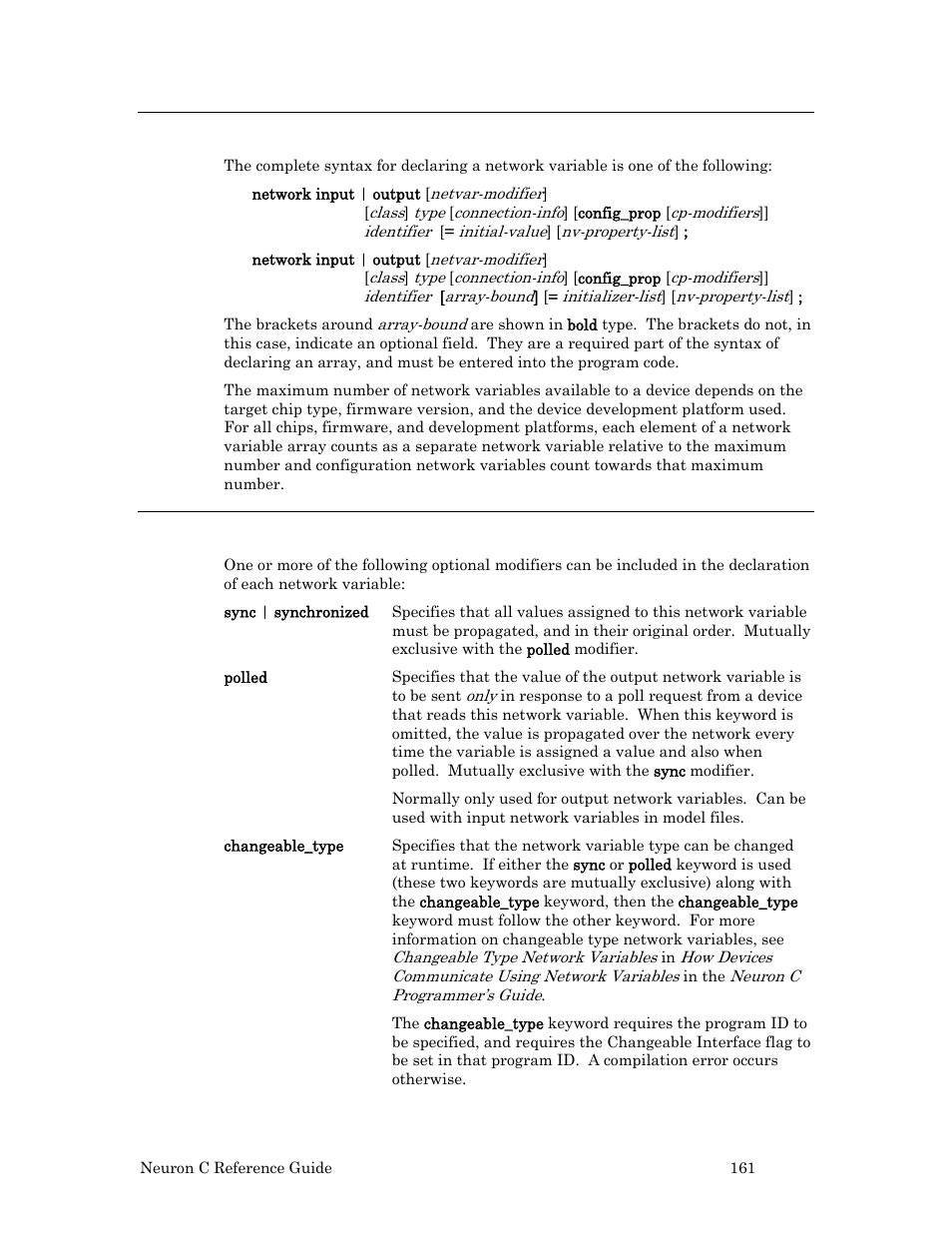 Network variable declarations syntax, Network variable modifiers (netvar-modifier) | Echelon Neuron C User Manual | Page 181 / 267