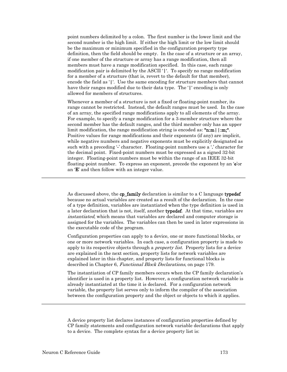 Configuration property instantiation, Device property lists | Echelon Neuron C User Manual | Page 193 / 267