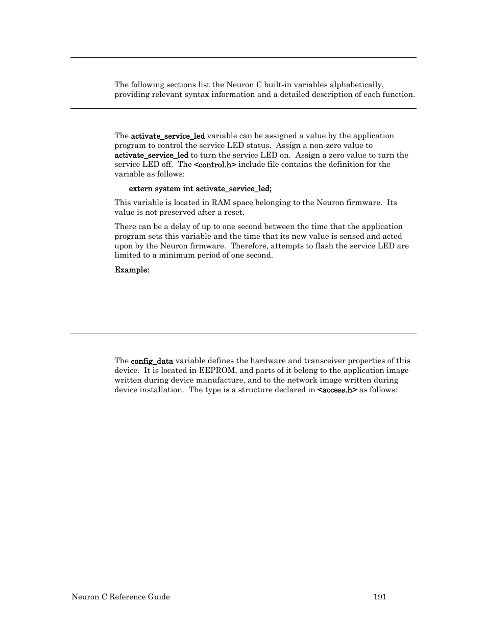 Built-in variables, Activate_service_led variable, Config_data variable | Echelon Neuron C User Manual | Page 211 / 267