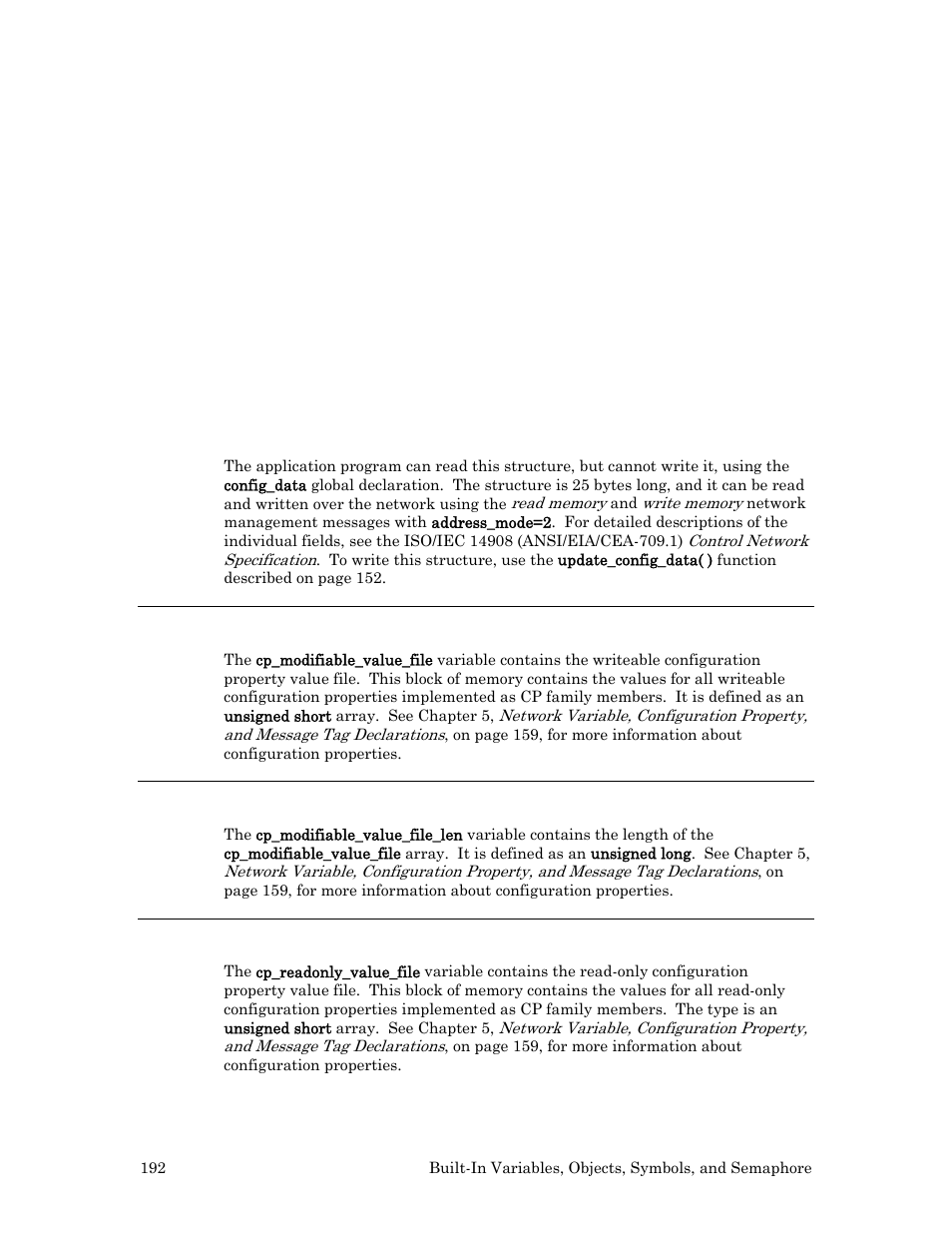 Cp_modifiable_value_file variable, Cp_modifiable_value_file_len variable, Cp_readonly_value_file variable | Echelon Neuron C User Manual | Page 212 / 267