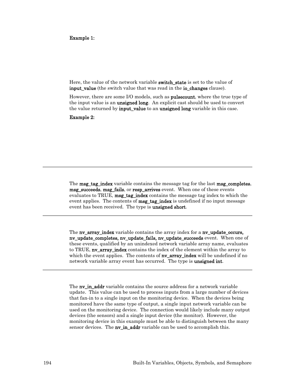 Msg_tag_index variable, Nv_array_index variable, Nv_in_addr variable | Echelon Neuron C User Manual | Page 214 / 267