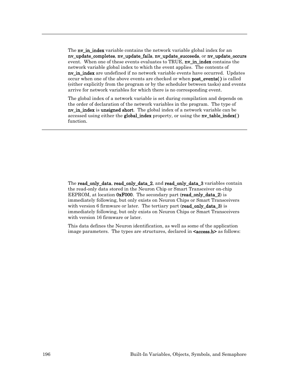 Nv_in_index variable, Read_only_data variable, Read_only_data_2 variable | Read_only_data_3 variable | Echelon Neuron C User Manual | Page 216 / 267