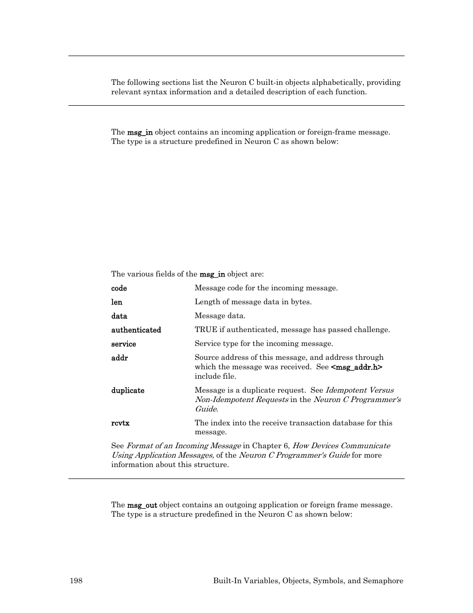 Built-in objects, Msg_in object, Msg_out object | Echelon Neuron C User Manual | Page 218 / 267