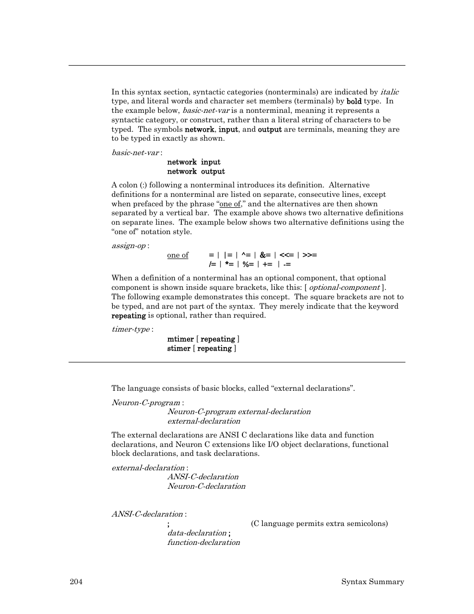 Syntax conventions, Neuron c external declarations | Echelon Neuron C User Manual | Page 224 / 267