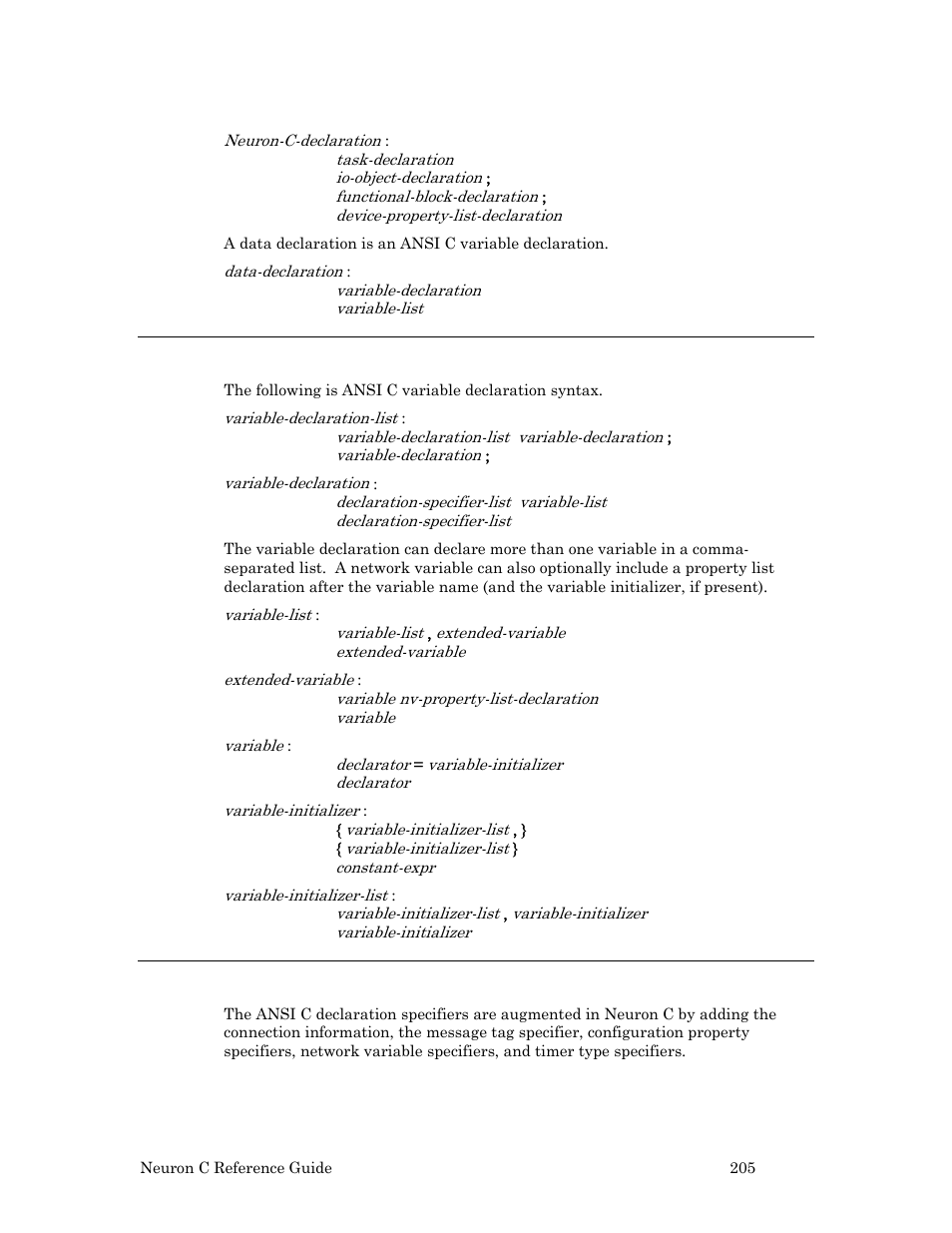 Variable declarations, Declaration specifiers | Echelon Neuron C User Manual | Page 225 / 267