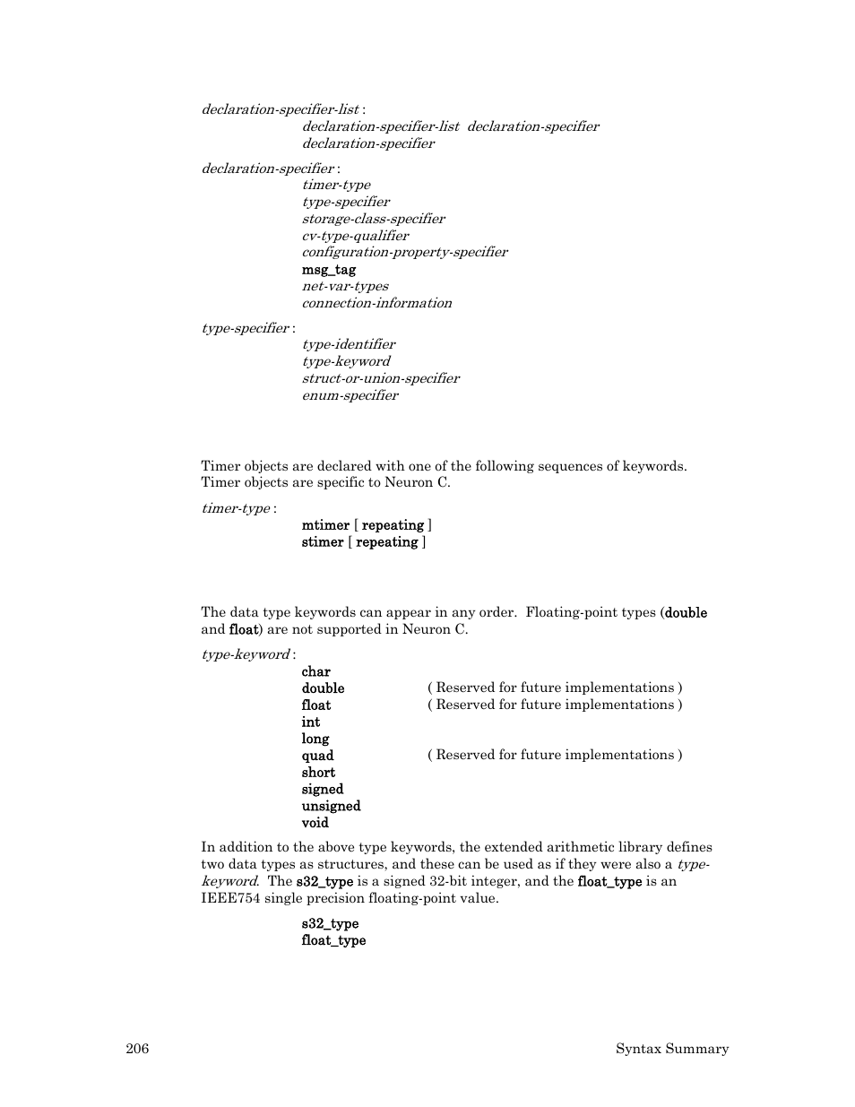 Timer declarations, Type keywords | Echelon Neuron C User Manual | Page 226 / 267