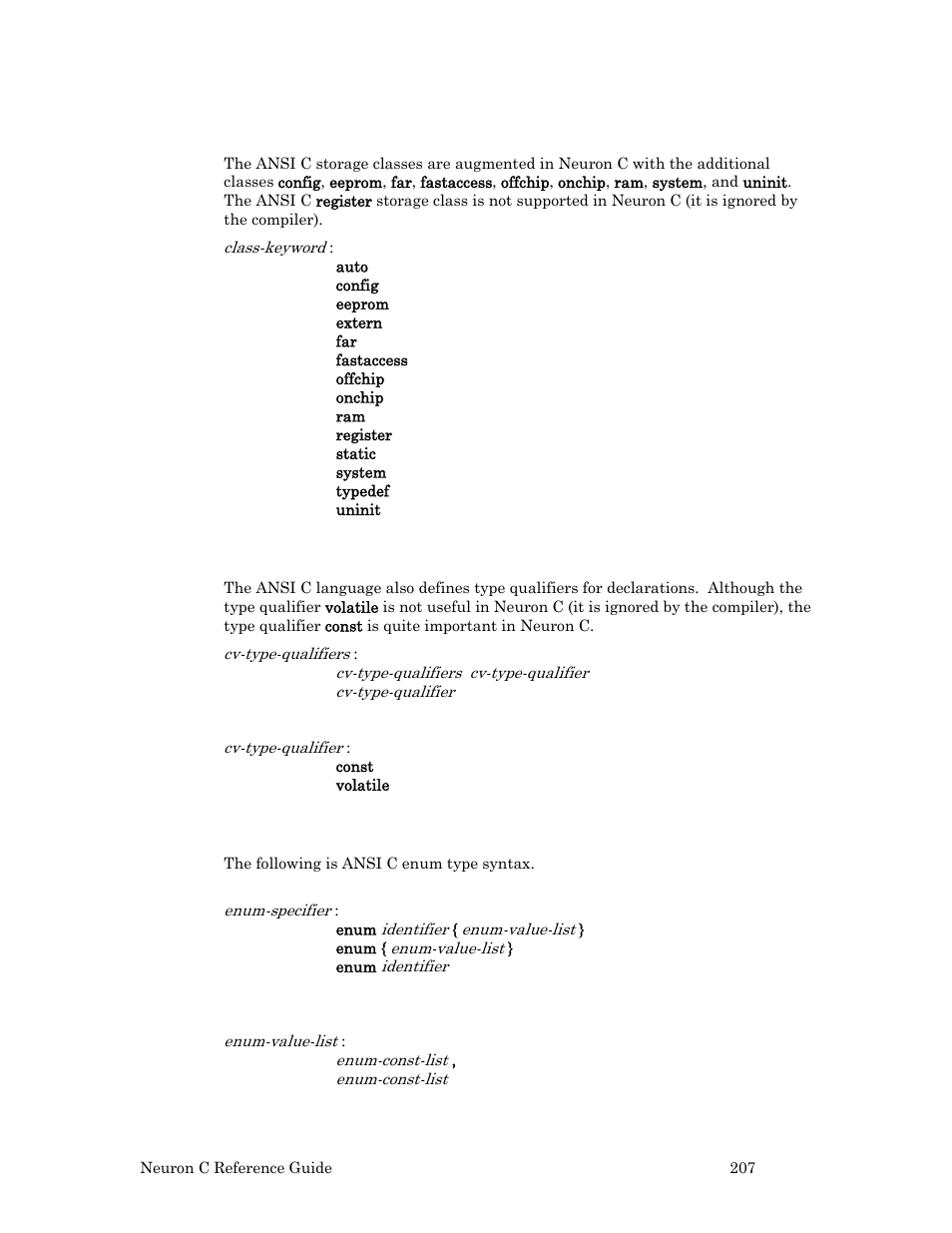 Storage classes, Type qualifiers, Enumeration syntax | Echelon Neuron C User Manual | Page 227 / 267