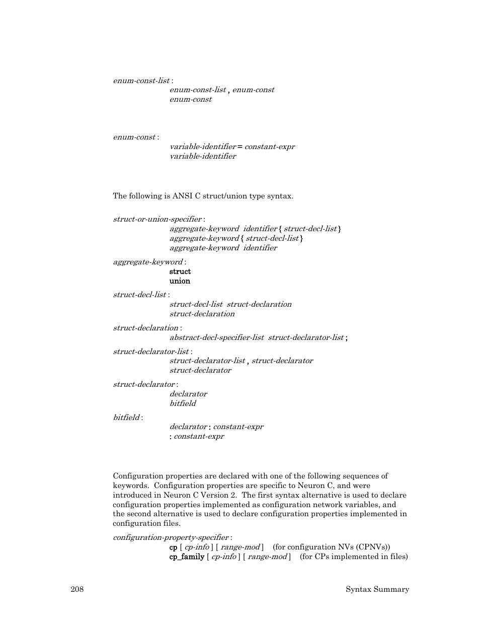 Structure/union syntax, Configuration property declarations | Echelon Neuron C User Manual | Page 228 / 267