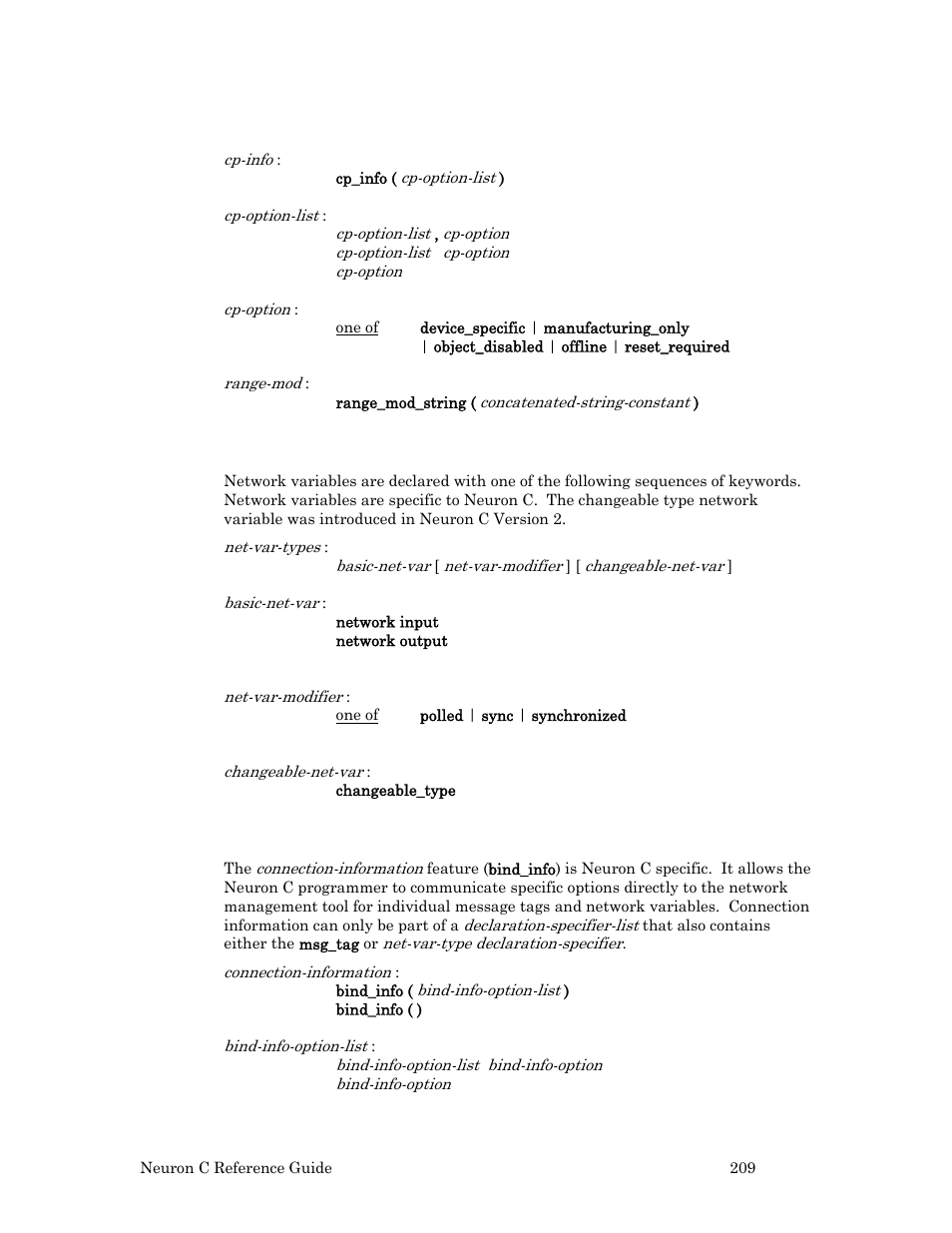 Network variable declarations, Connection information | Echelon Neuron C User Manual | Page 229 / 267