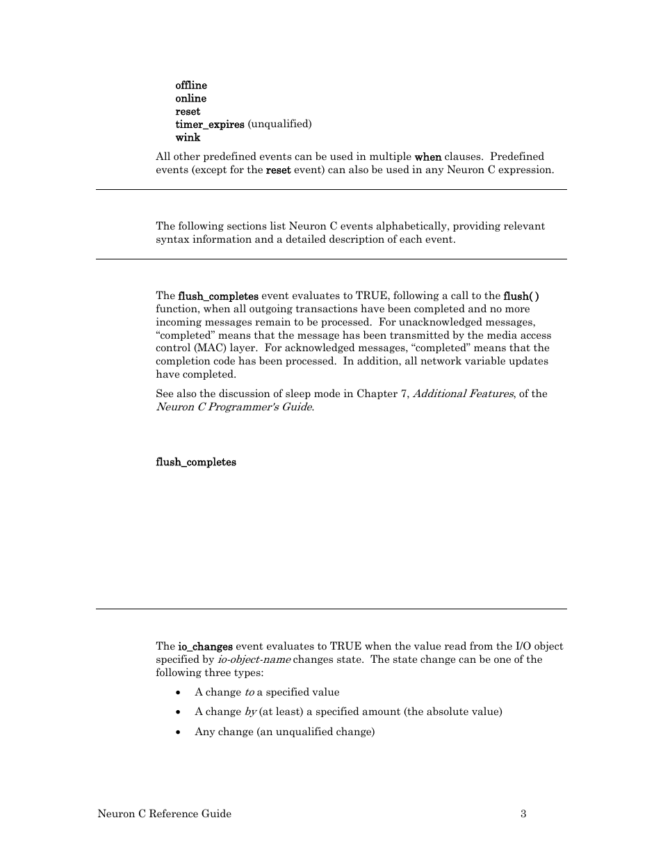 Event directory, Flush_completes event, Syntax | Example, Io_changes event | Echelon Neuron C User Manual | Page 23 / 267