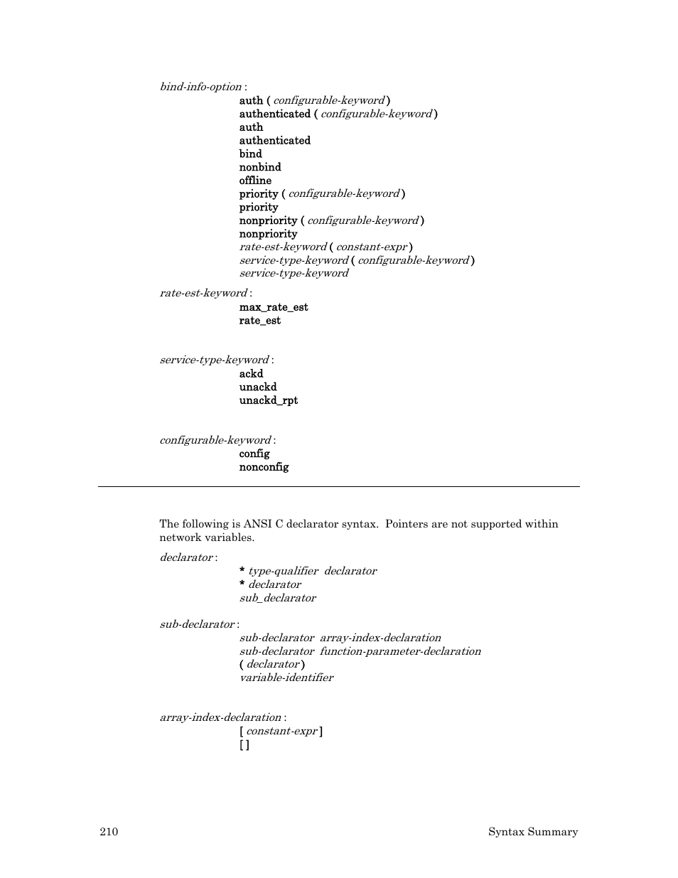 Declarator syntax | Echelon Neuron C User Manual | Page 230 / 267