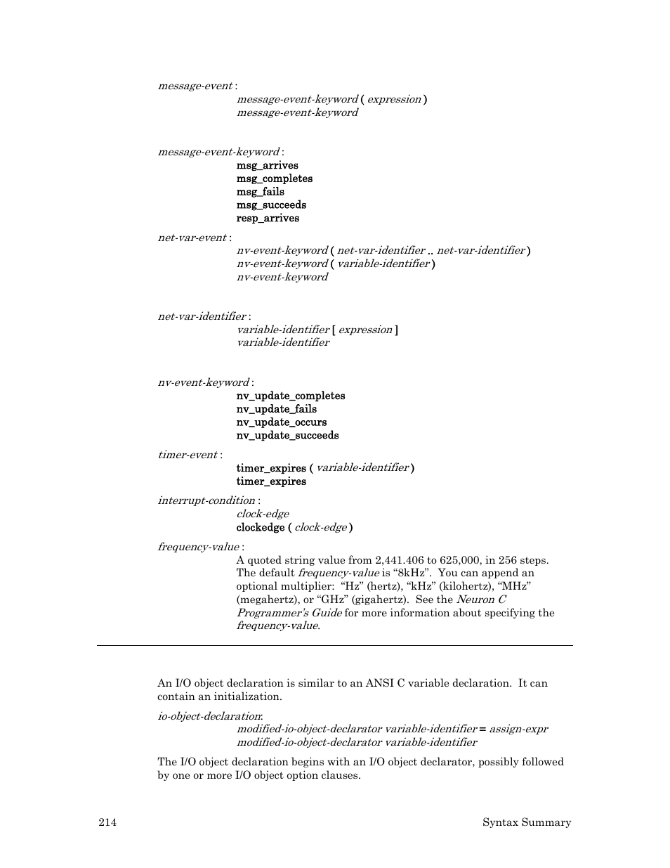 I/o object declarations | Echelon Neuron C User Manual | Page 234 / 267