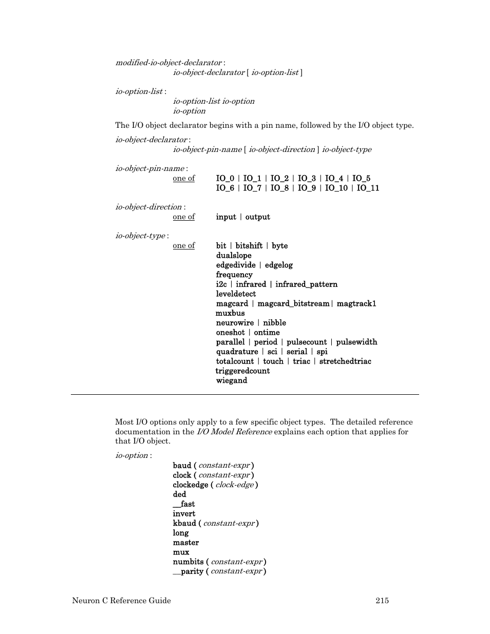 I/o options | Echelon Neuron C User Manual | Page 235 / 267