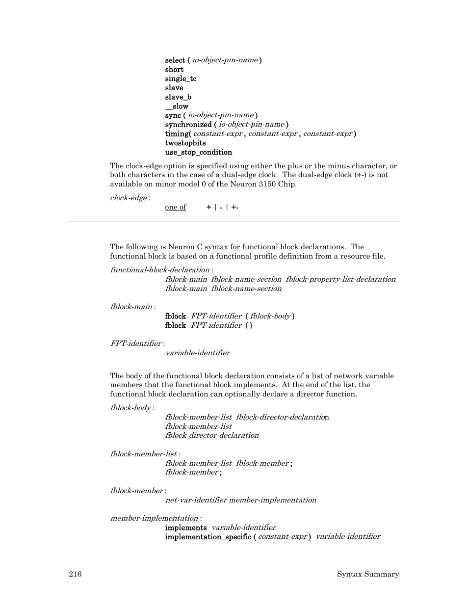 Functional block declarations | Echelon Neuron C User Manual | Page 236 / 267