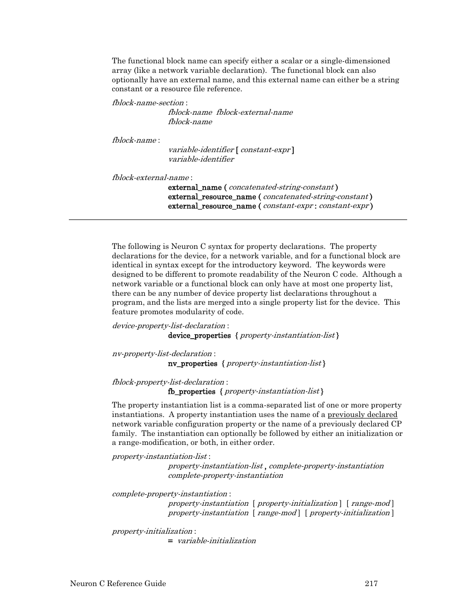 Property list declarations | Echelon Neuron C User Manual | Page 237 / 267