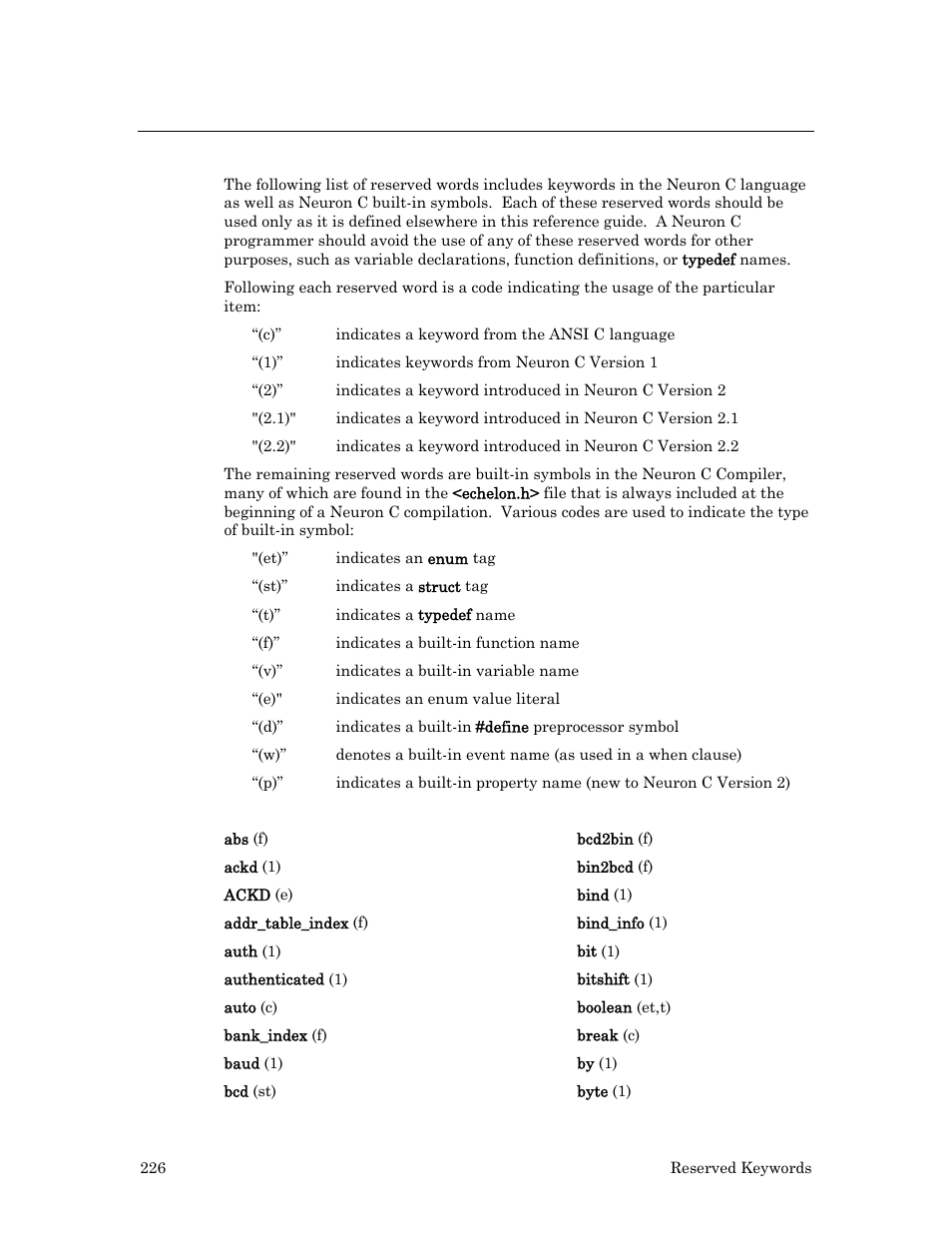 Reserved words list | Echelon Neuron C User Manual | Page 246 / 267