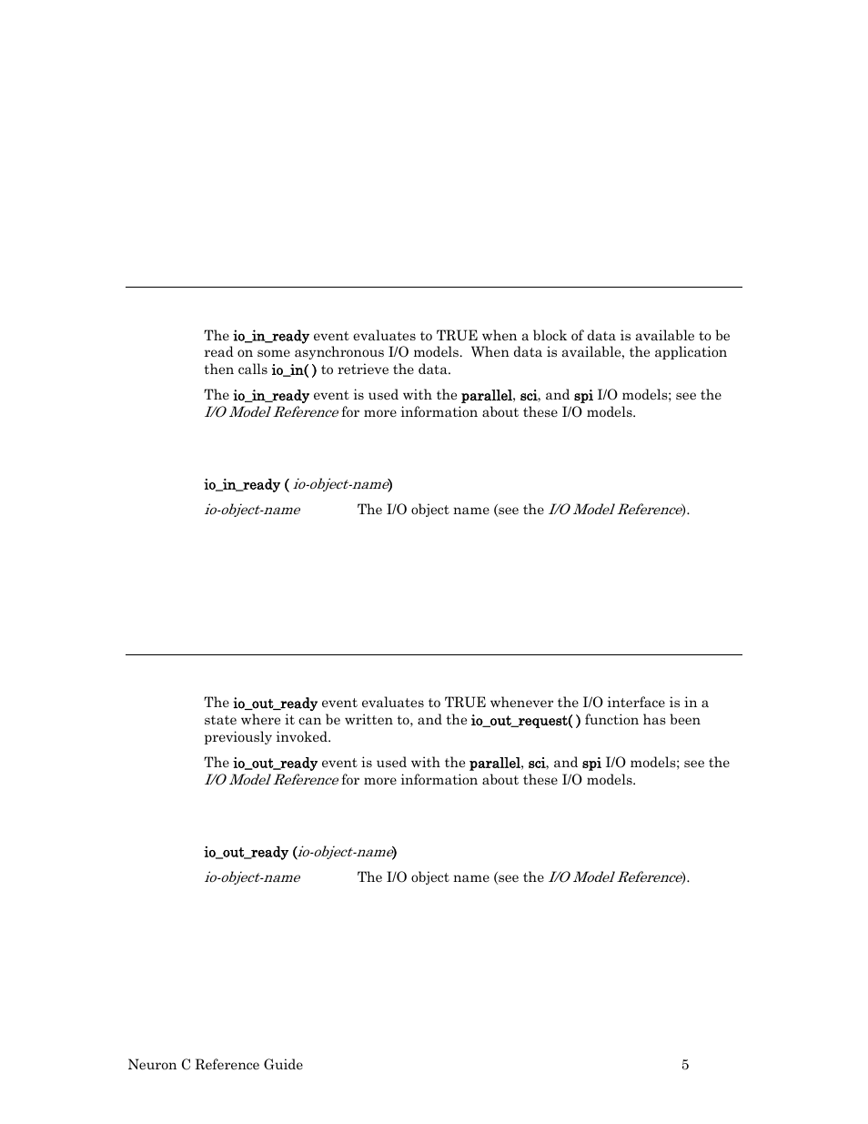 Example 2, Io_in_ready event, Syntax | Example, Io_out_ready event | Echelon Neuron C User Manual | Page 25 / 267