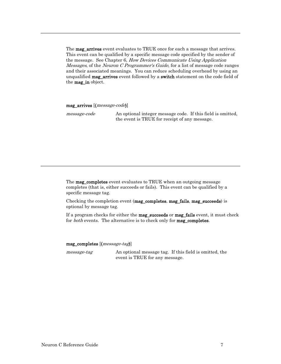 Msg_arrives event, Syntax, Example | Msg_completes event | Echelon Neuron C User Manual | Page 27 / 267