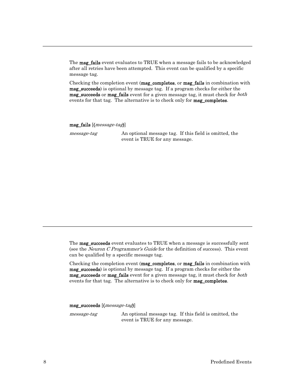 Msg_fails event, Syntax, Example | Msg_succeeds event | Echelon Neuron C User Manual | Page 28 / 267