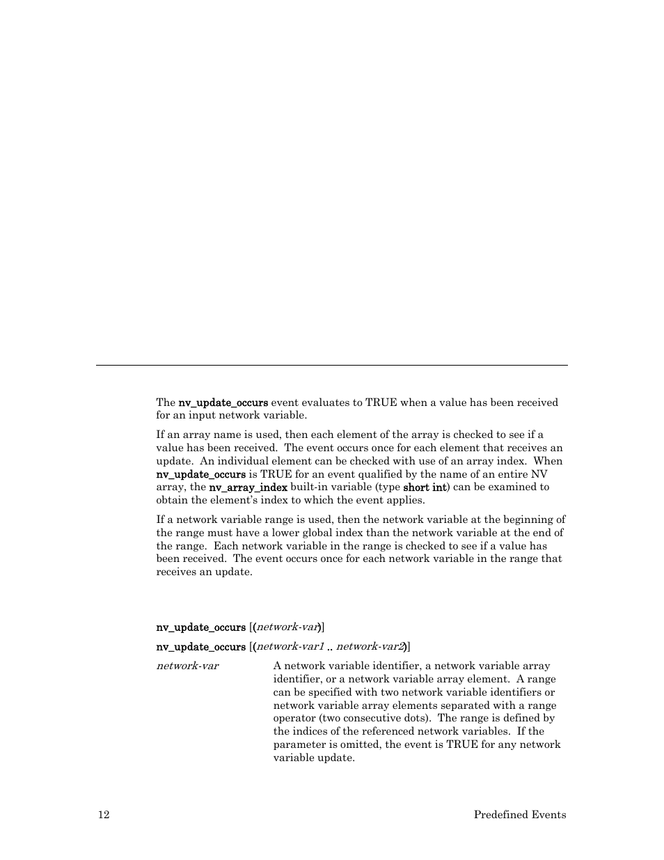 Example 3 – event for a range of network variables, Nv_update_occurs event, Syntax | Echelon Neuron C User Manual | Page 32 / 267