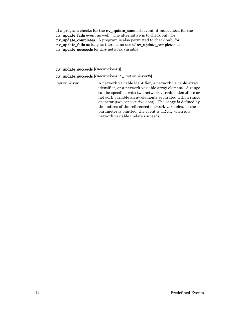 Syntax, Example 1 – event for a single network variable, Example 2 – event for a network variable array | Example 3 – event for a range of network variables | Echelon Neuron C User Manual | Page 34 / 267