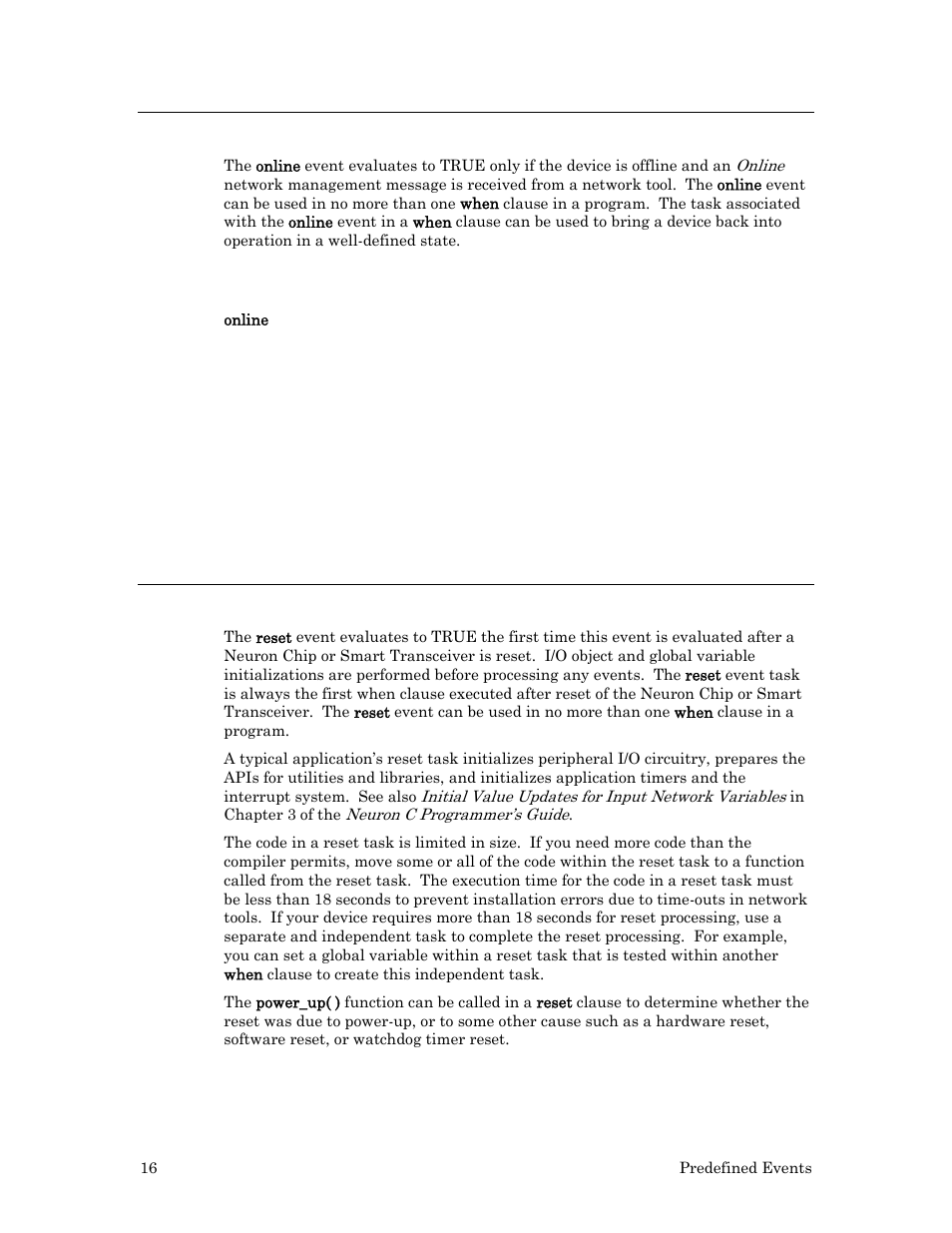 Online event, Syntax, Example | Reset event | Echelon Neuron C User Manual | Page 36 / 267