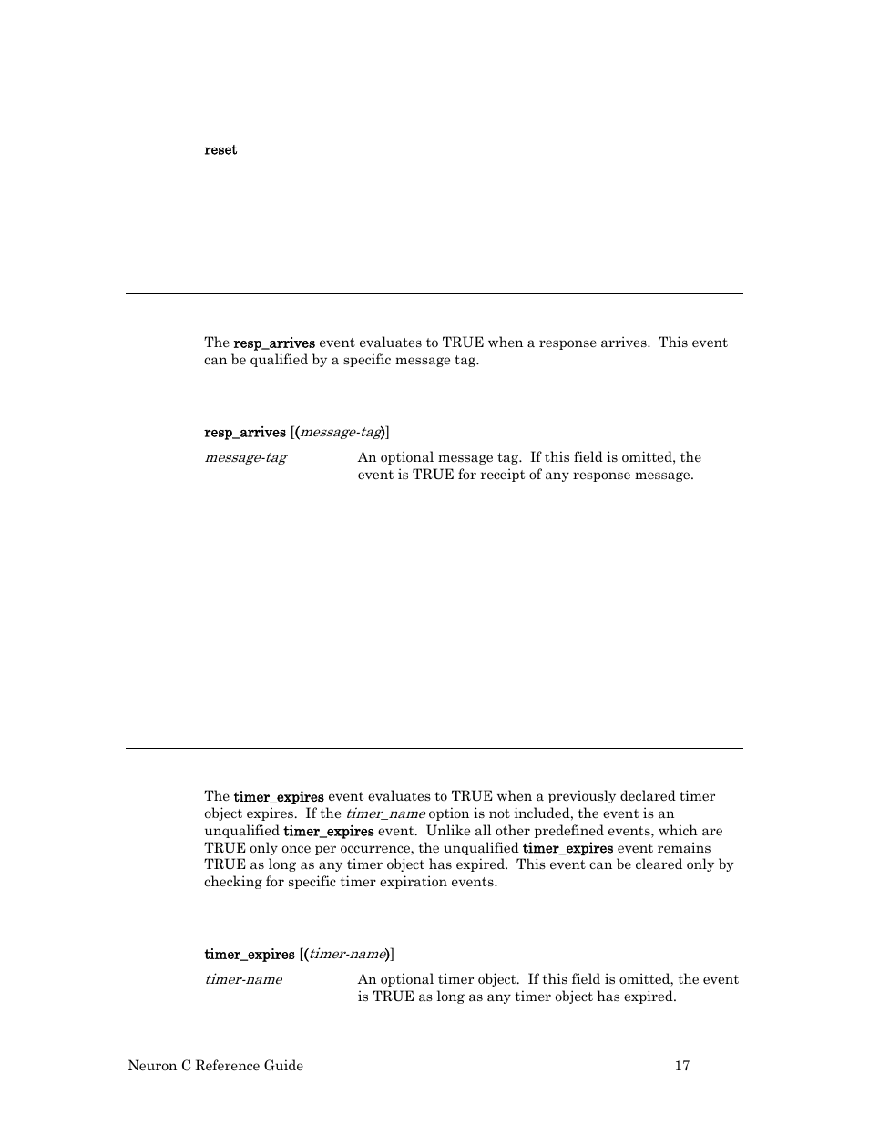 Syntax, Example, Resp_arrives event | Timer_expires event | Echelon Neuron C User Manual | Page 37 / 267