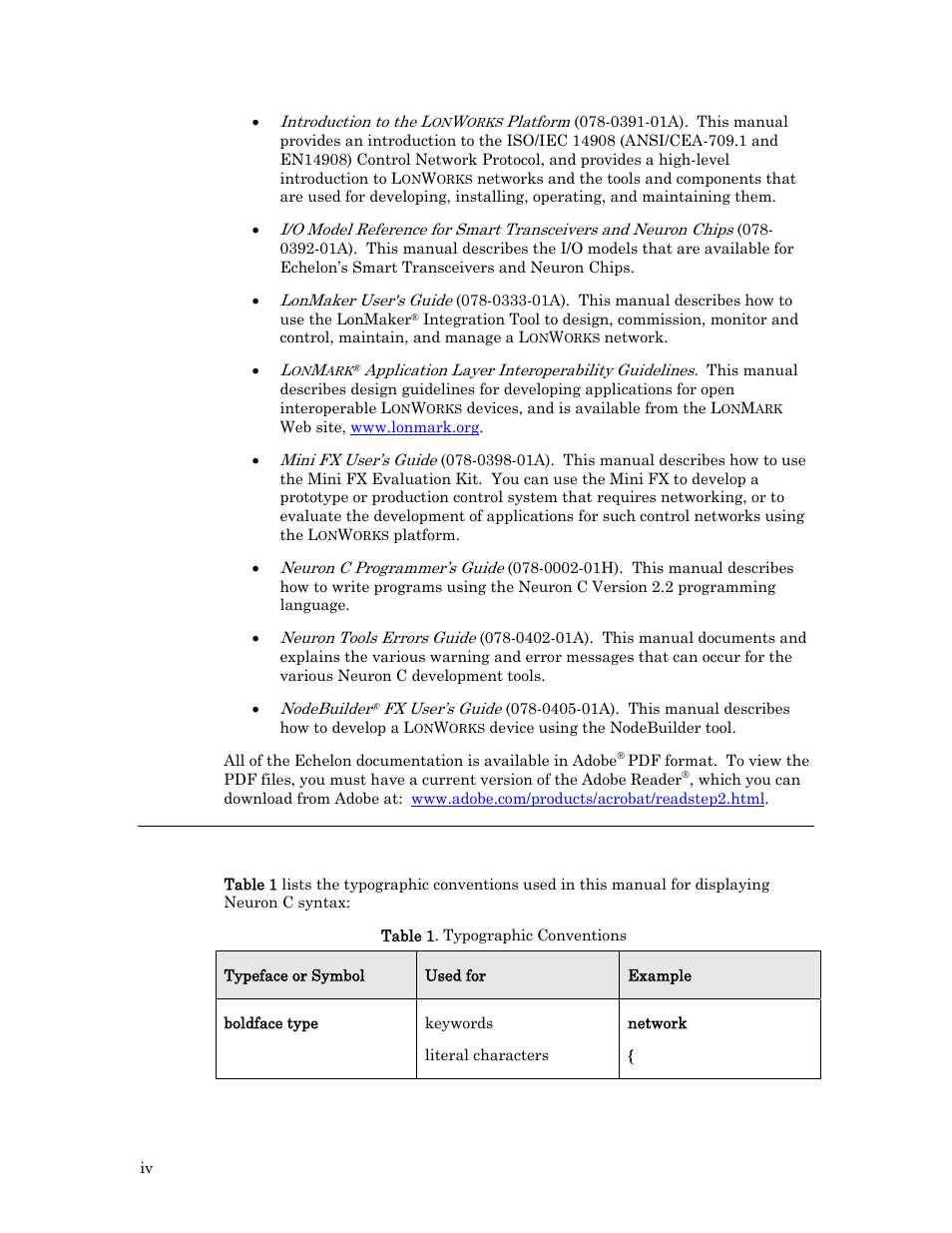 Typographic conventions for syntax | Echelon Neuron C User Manual | Page 4 / 267