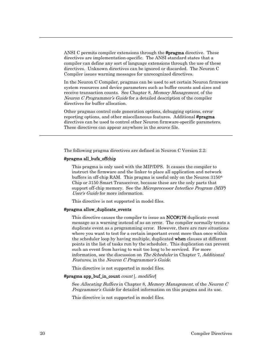 Compiler directives, Pragma directives | Echelon Neuron C User Manual | Page 40 / 267