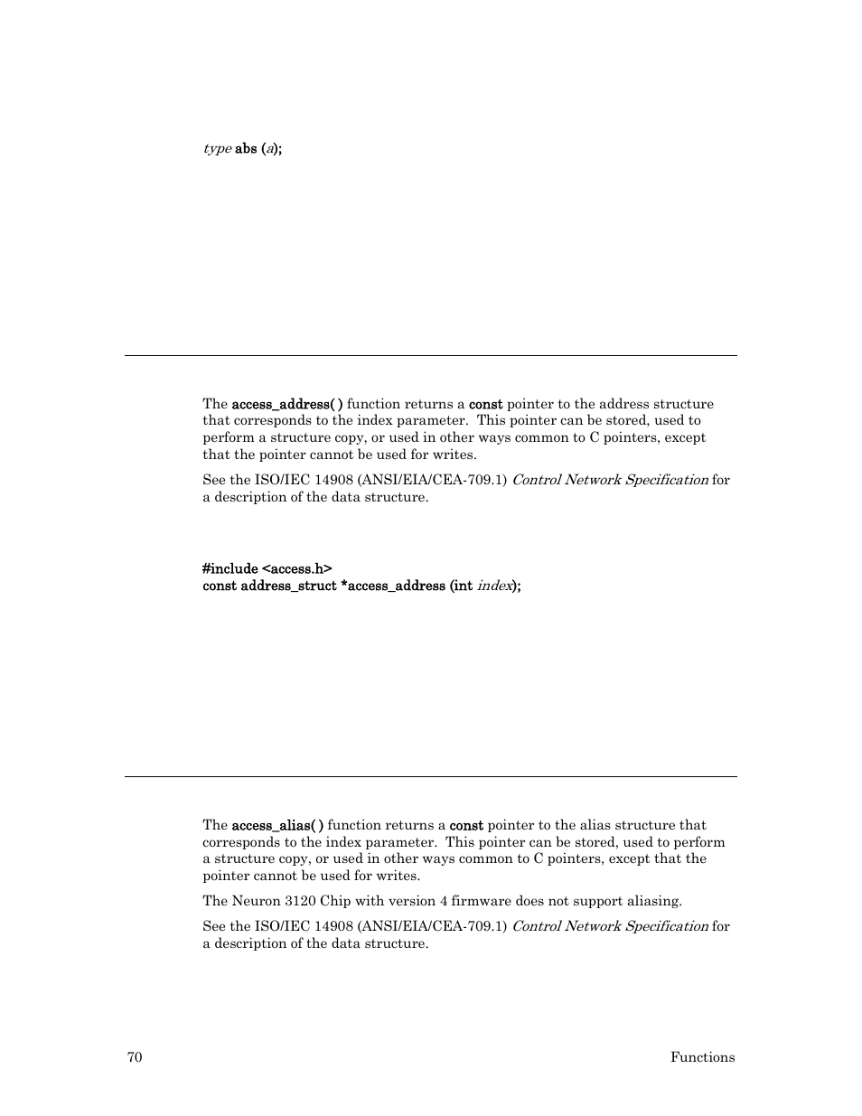 Syntax, Example, Access_address( ) function | Access_alias( ) function | Echelon Neuron C User Manual | Page 90 / 267