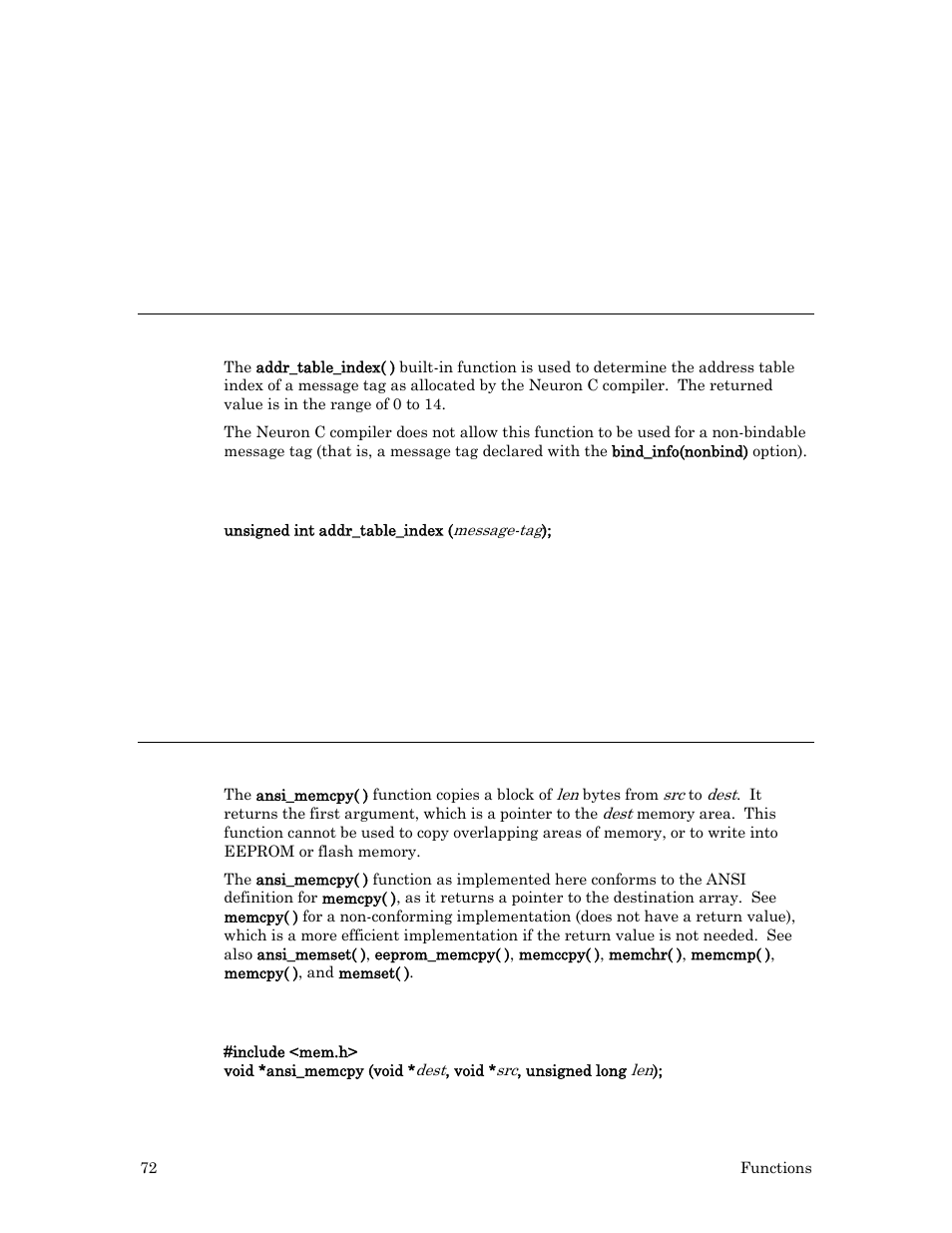 Example, Addr_table_index( ) built-in function, Syntax | Ansi_memcpy( ) function | Echelon Neuron C User Manual | Page 92 / 267