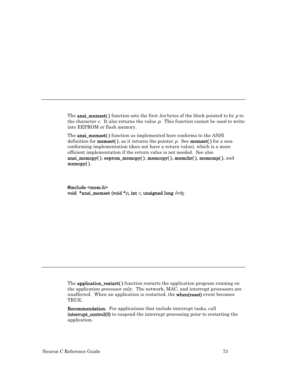 Example, Ansi_memset( ) function, Syntax | Application_restart( ) function | Echelon Neuron C User Manual | Page 93 / 267