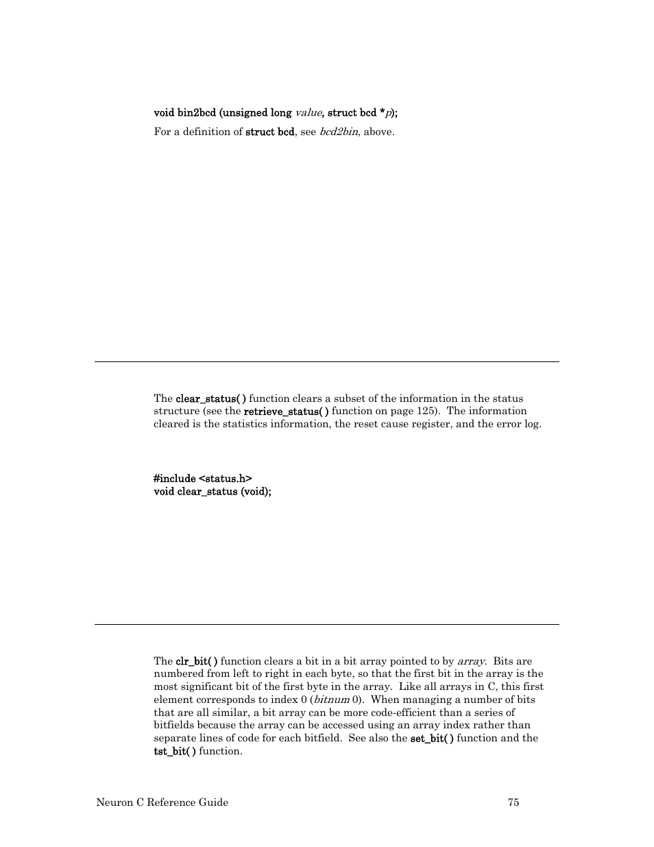 Syntax, Example, Clear_status( ) function | Clr_bit( ) function | Echelon Neuron C User Manual | Page 95 / 267