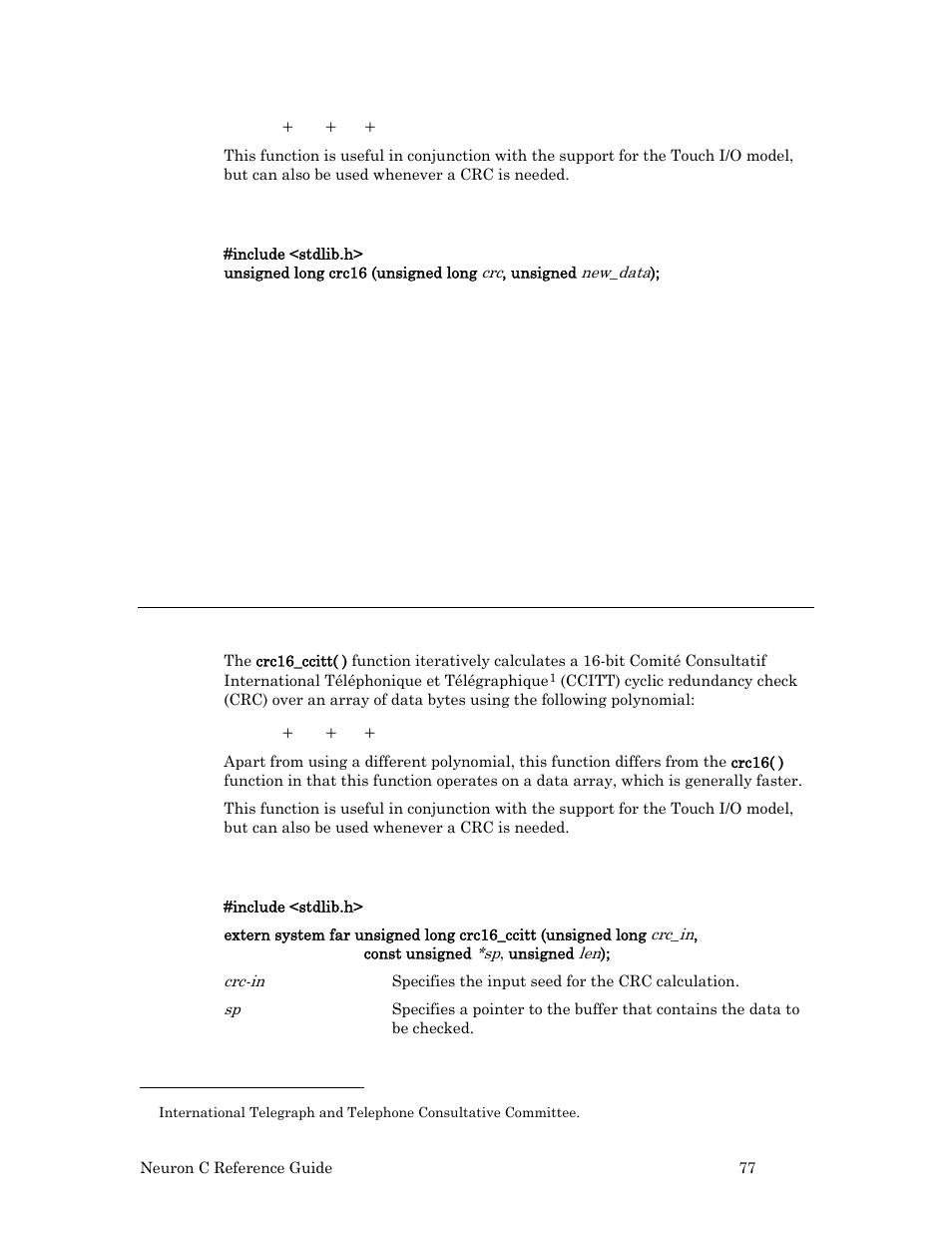 Syntax, Example, Crc16_ccitt( ) function | Echelon Neuron C User Manual | Page 97 / 267