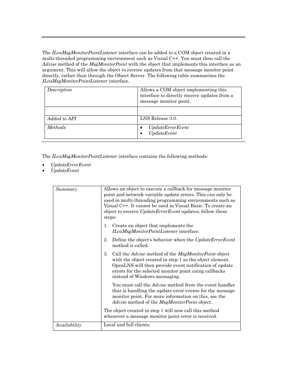 Ilcamsgmonitorpointlistener, Methods, Updateerrorevent | Ilcamsgmonitorpointlistener i | Echelon OpenLNS User Manual | Page 1001 / 1081