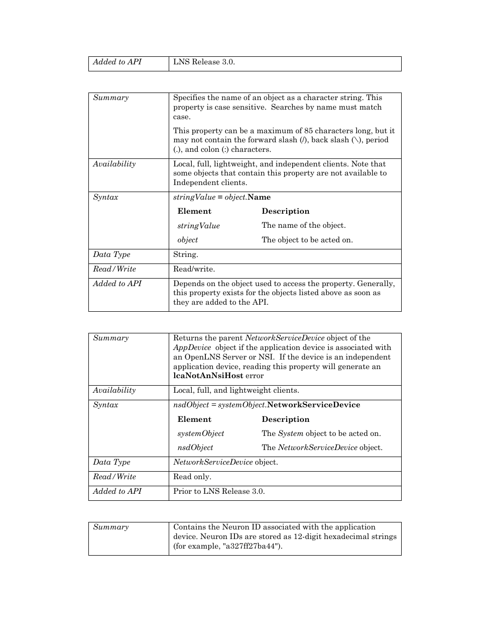 Name, Networkservicedevice, Neuronid | Name p, Neuronid p, S neuronid | Echelon OpenLNS User Manual | Page 118 / 1081