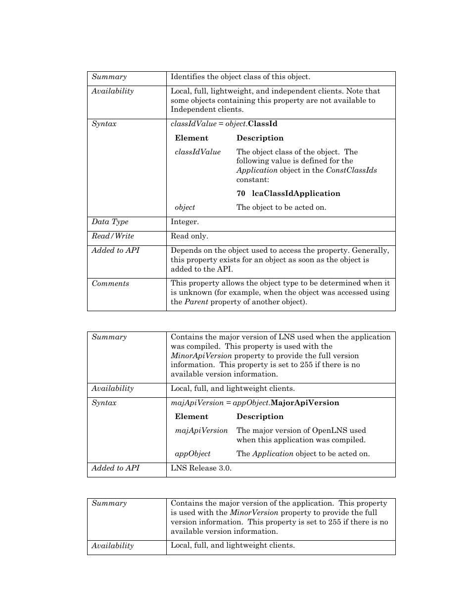 Classid, Majorapiversion, Majorversion | Echelon OpenLNS User Manual | Page 138 / 1081