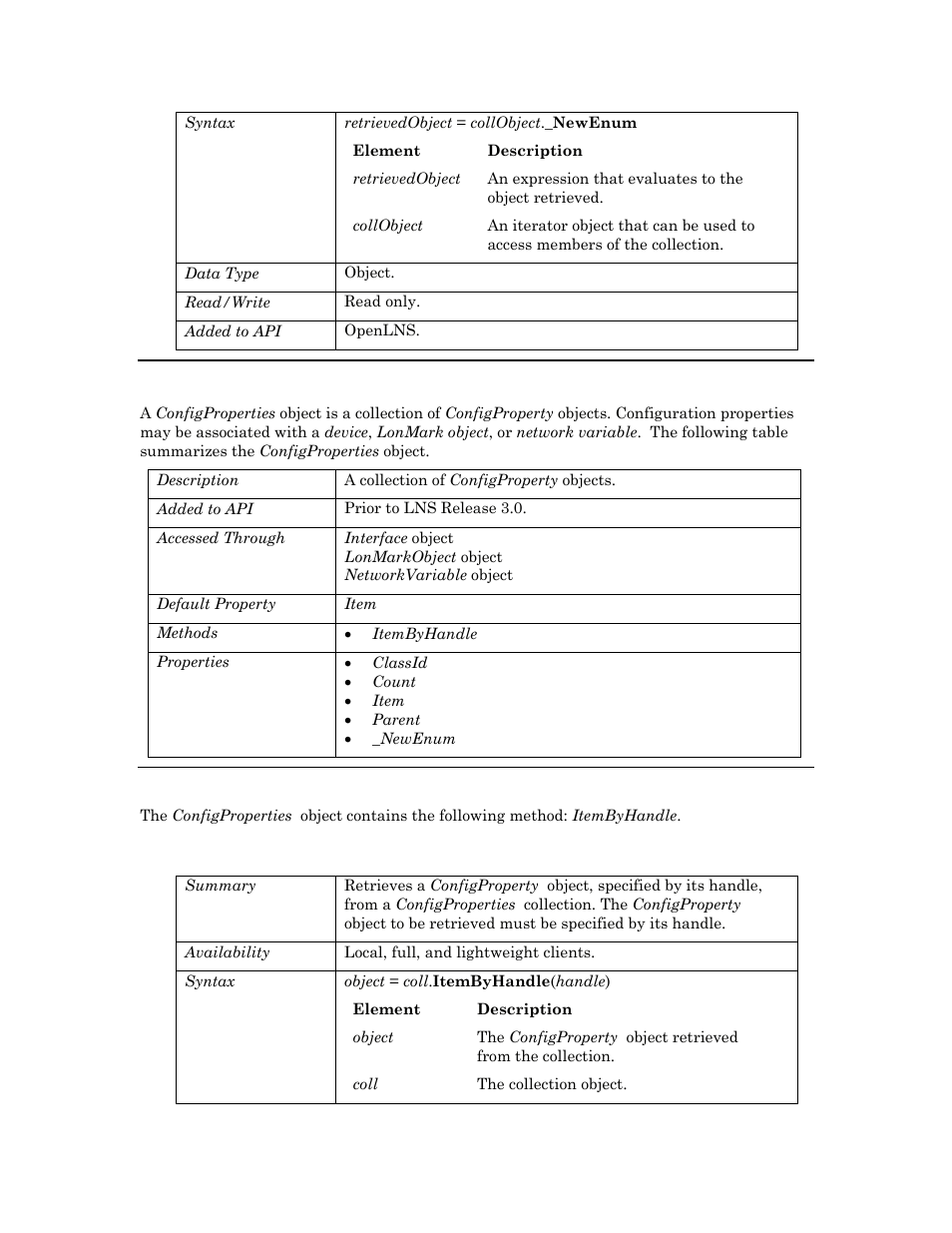 Configproperties, Methods, Itembyhandle | Configproperties c | Echelon OpenLNS User Manual | Page 177 / 1081