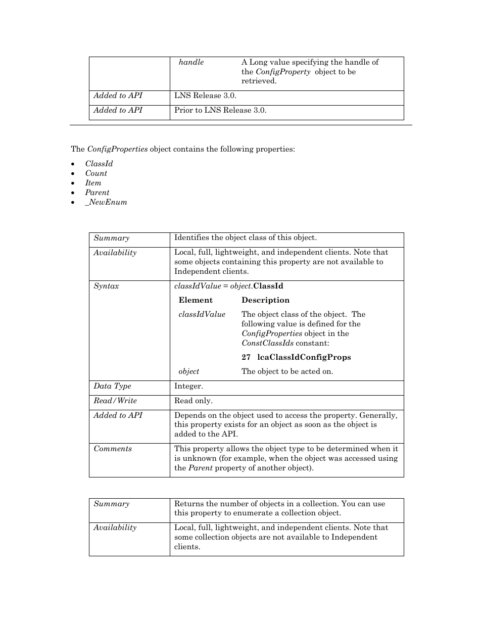 Properties, Classid, Count | Echelon OpenLNS User Manual | Page 178 / 1081