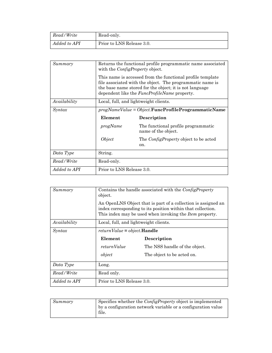 Funcprofileprogrammaticname, Handle, Implementationtype | Mode, Implementationtype p | Echelon OpenLNS User Manual | Page 204 / 1081