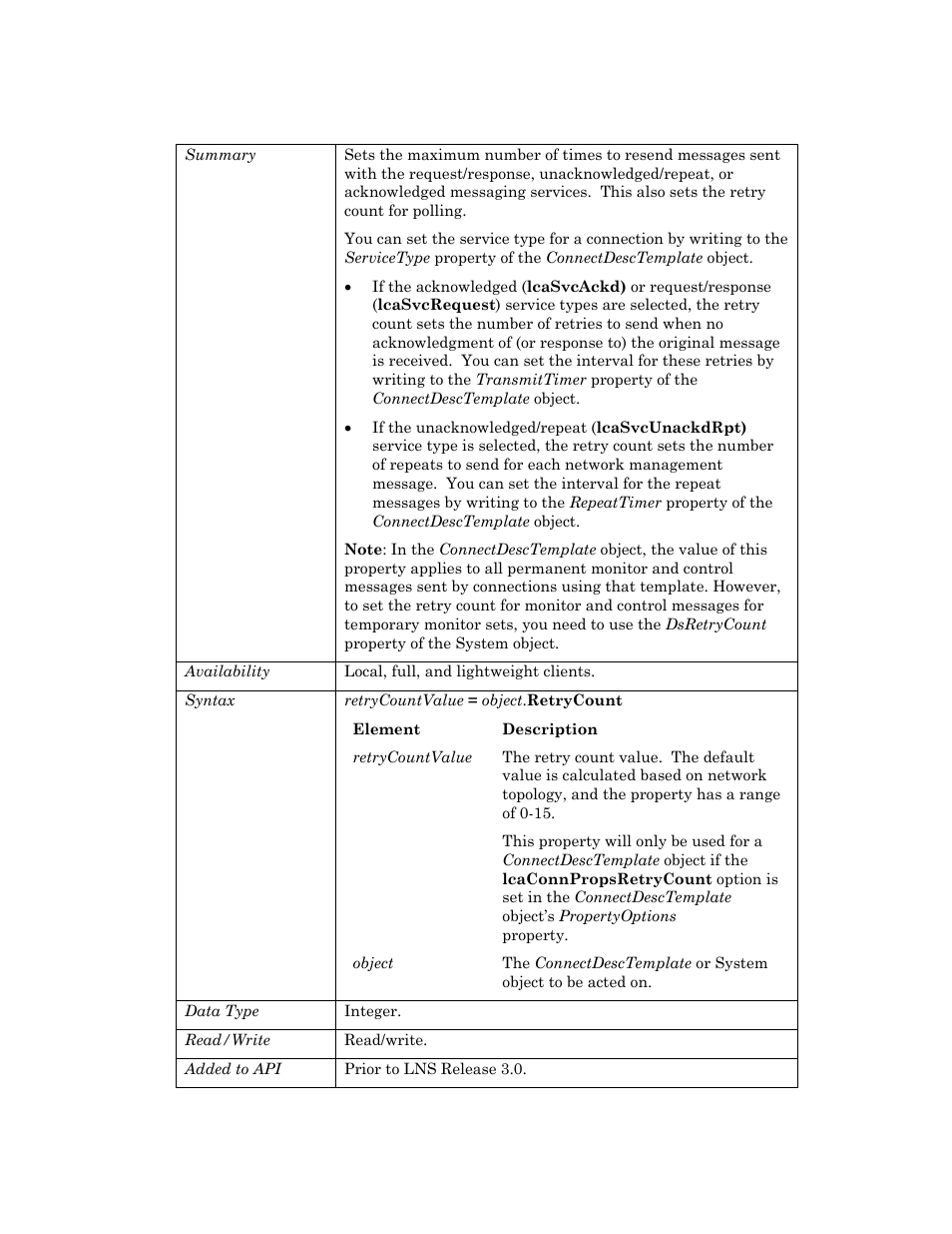 Retrycount | Echelon OpenLNS User Manual | Page 223 / 1081