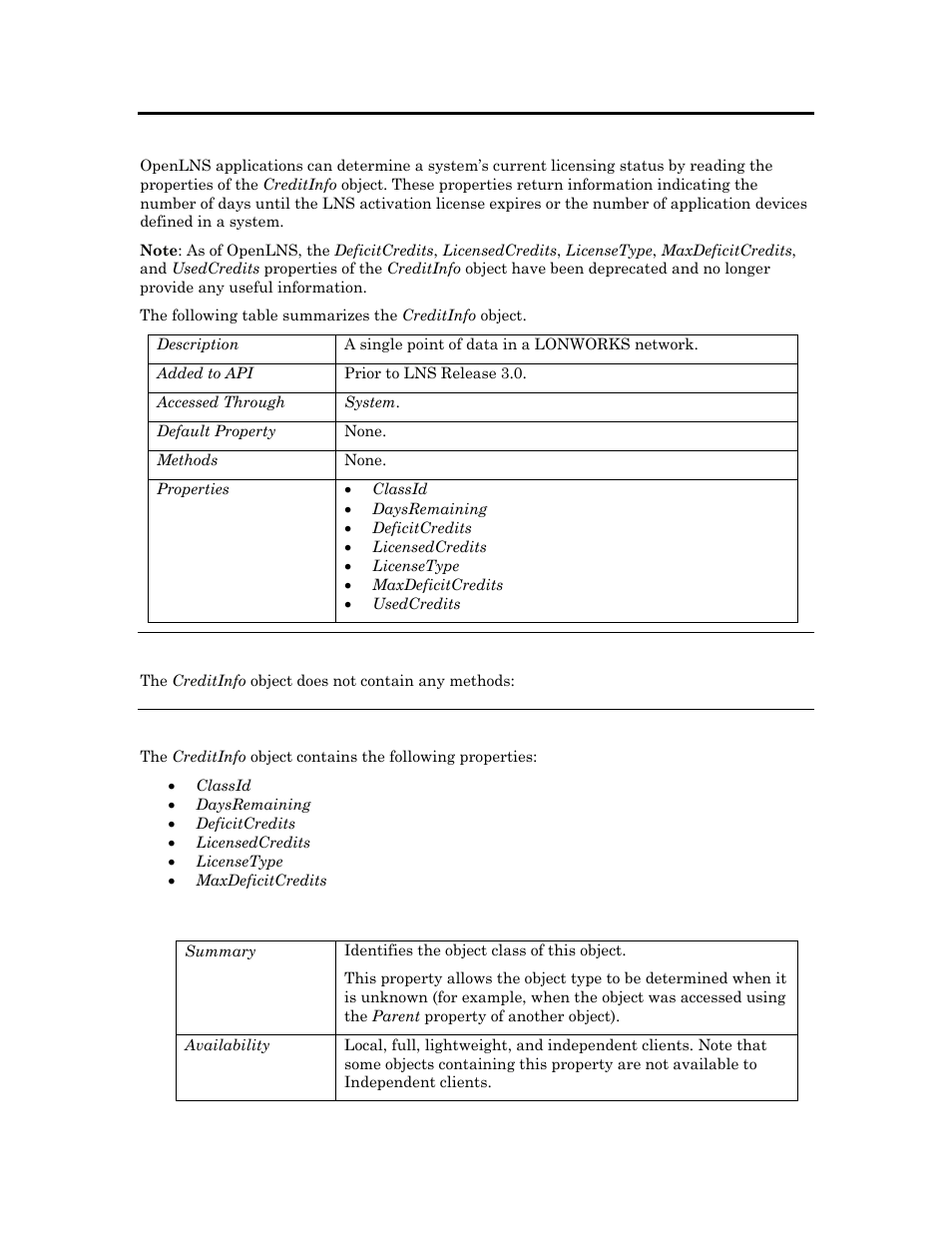 Creditinfo, Methods, Properties | Classid | Echelon OpenLNS User Manual | Page 235 / 1081
