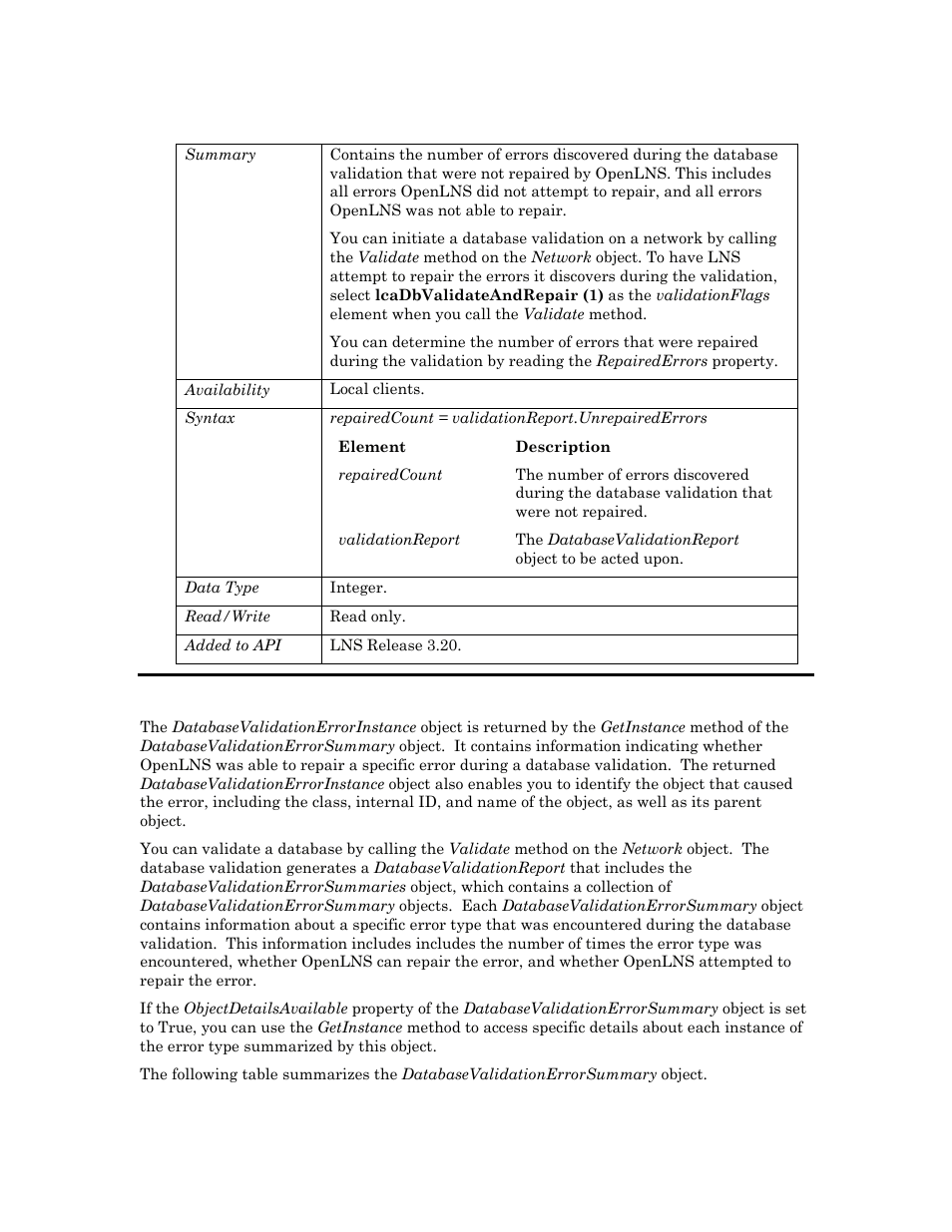 Unrepairederrors, Databasevalidationerrorinstance | Echelon OpenLNS User Manual | Page 244 / 1081