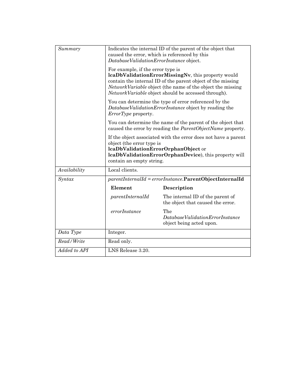 Parentobjectinternalid, Parentobjectname | Echelon OpenLNS User Manual | Page 253 / 1081