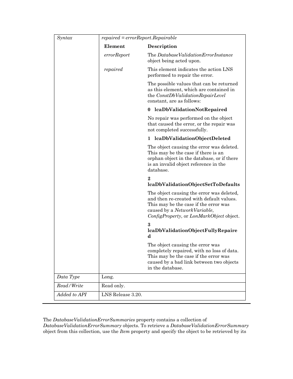 Databasevalidationerrorsummaries | Echelon OpenLNS User Manual | Page 257 / 1081